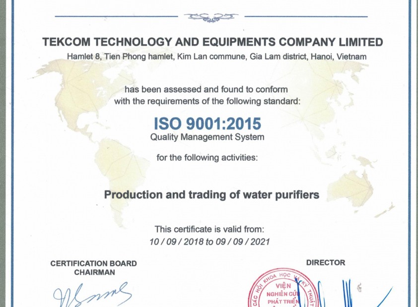 Tiêu chuẩn ISO 9001:2015 lĩnh vực sản xuất, kinh doanh máy lọc nước