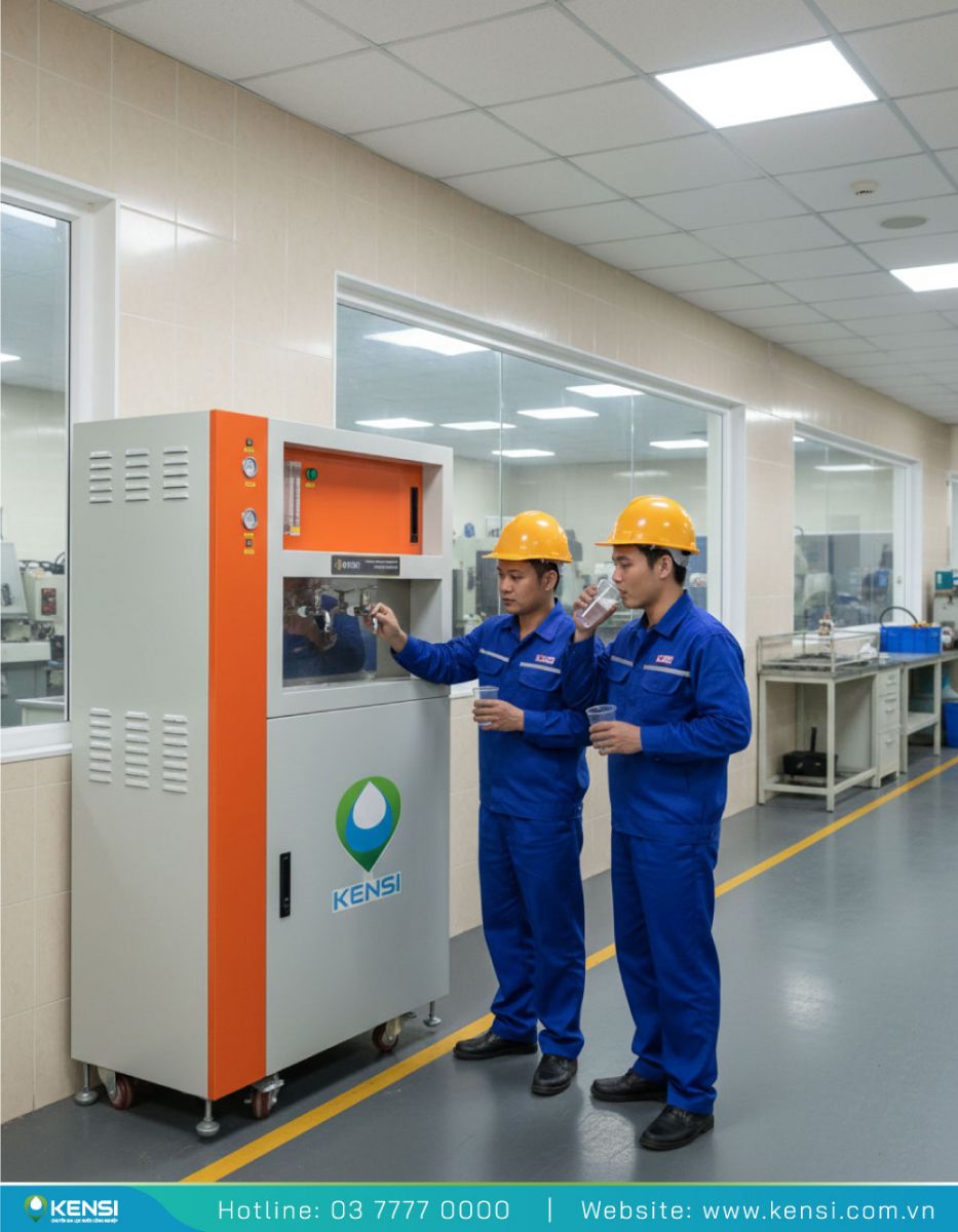 Máy lọc nước có tủ được sử dụng cho các nhà xưởng, gọn gàng hiện đại