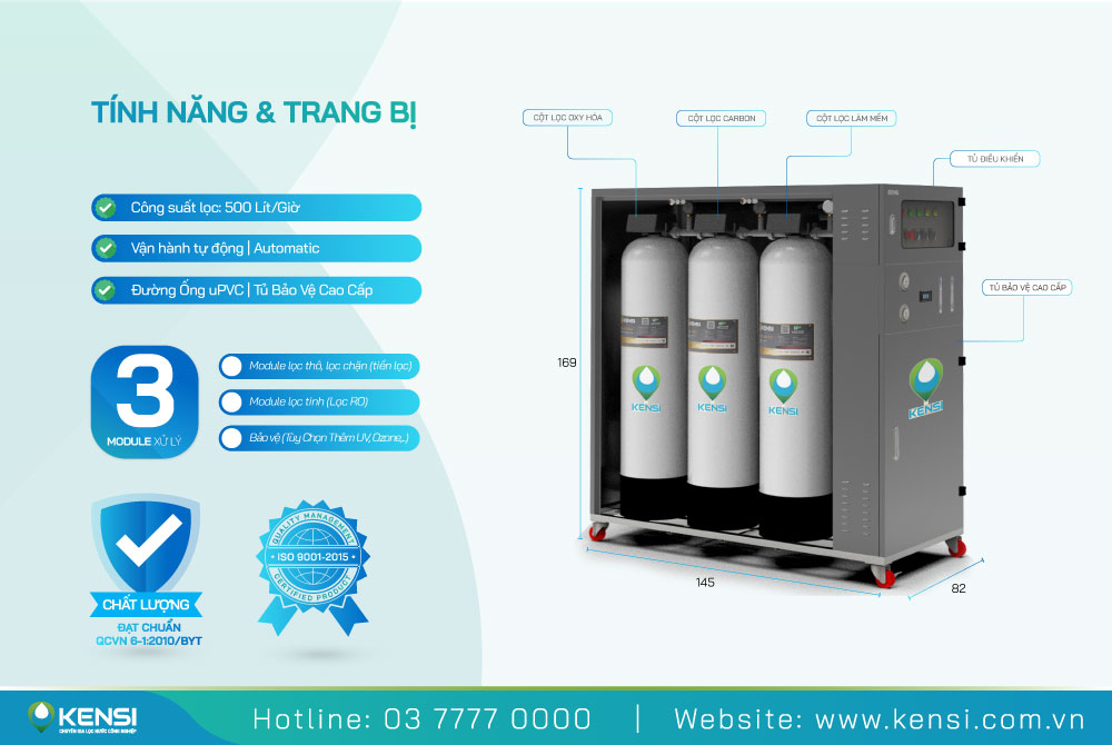 Hệ thống lọc nước RO công nghiệp có tủ sơn tĩnh điện công suất 500Lít/giờ