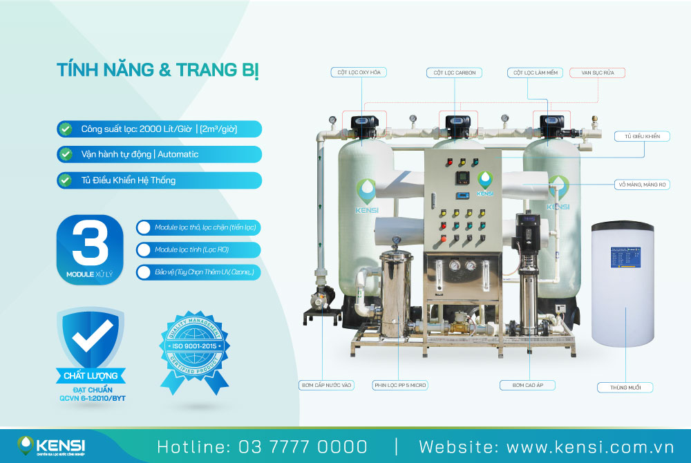 Hệ thống máy lọc nước RO công nghiệp công suất 2000 Lít/giờ