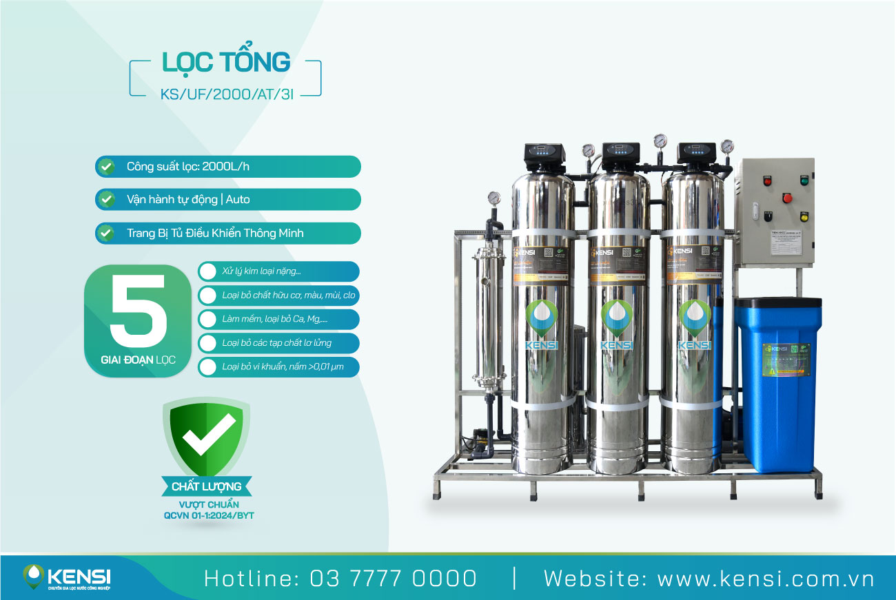 Hệ thống lọc nước tổng làm mềm 3 cột inox tích hợp lọc UF 2000L/h