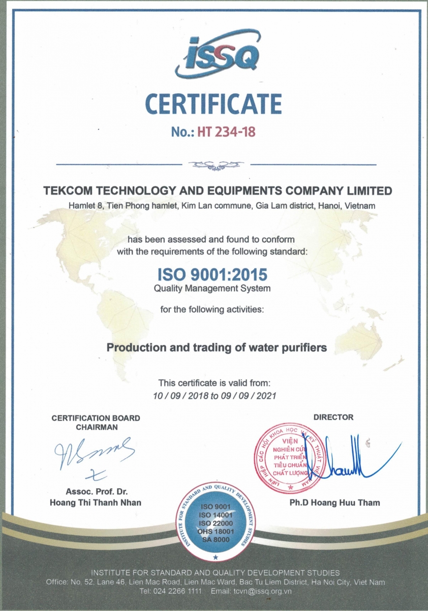 tiêu chuẩn ISO 9001:2015 trong lĩnh vực sản xuất kinh doanh Máy lọc nước