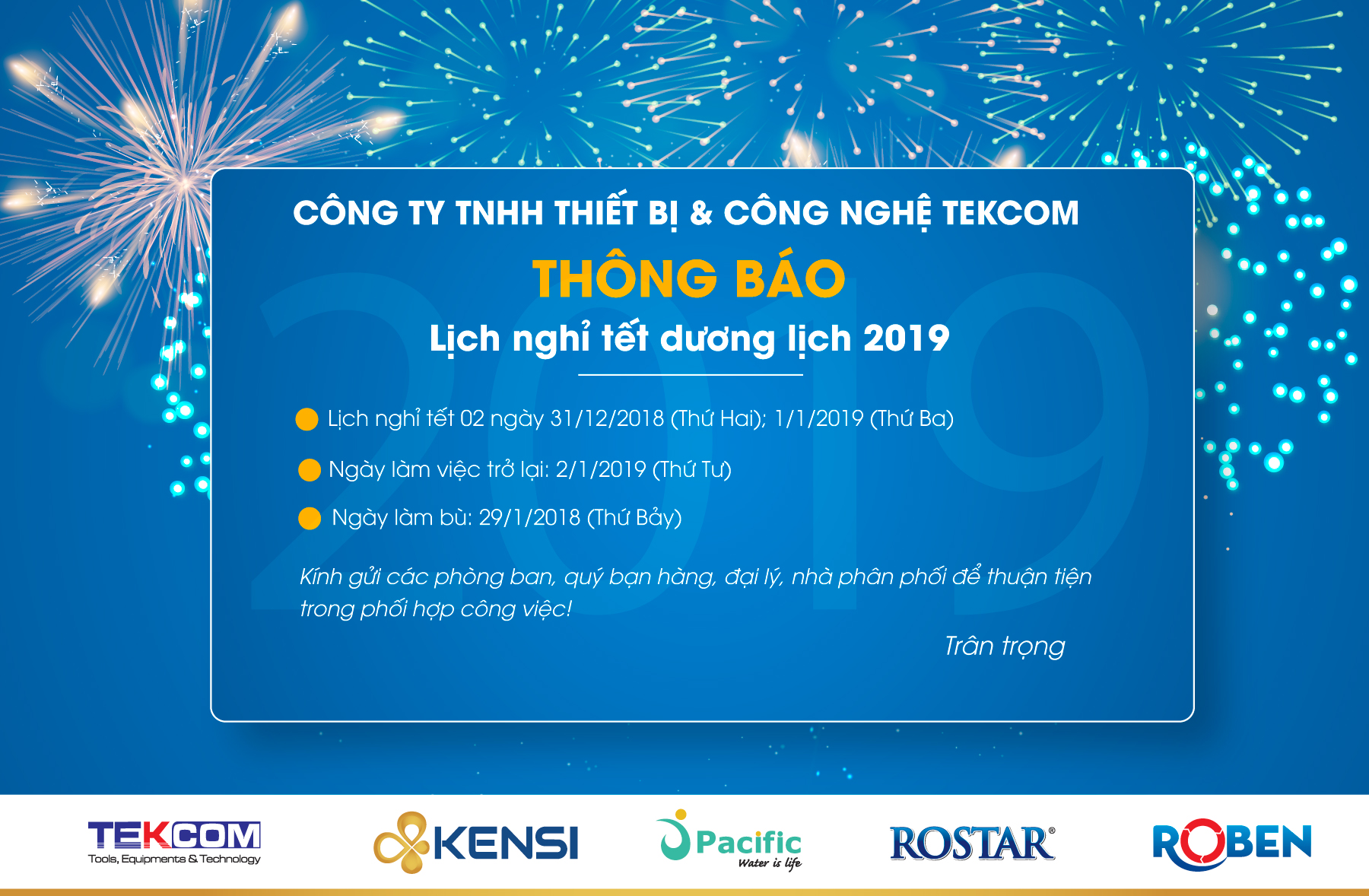 Tekcom thông báo nghỉ tết dương 2019
