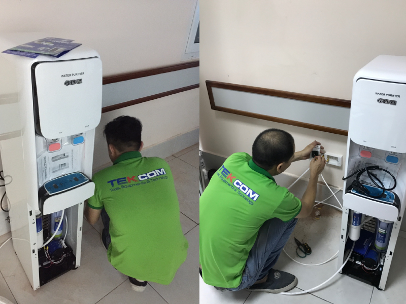 Kỹ thuật viên Tekcom lắp đặt máy lọc nước nóng lạnh tích hợp RO tại các cơ sở y tế, bệnh viện
