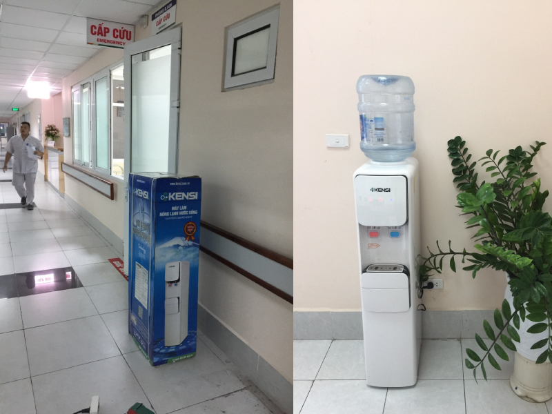 Kỹ thuật viên Tekcom lắp đặt máy lọc nước nóng lạnh tích hợp RO tại các cơ sở y tế, bệnh viện đức giang