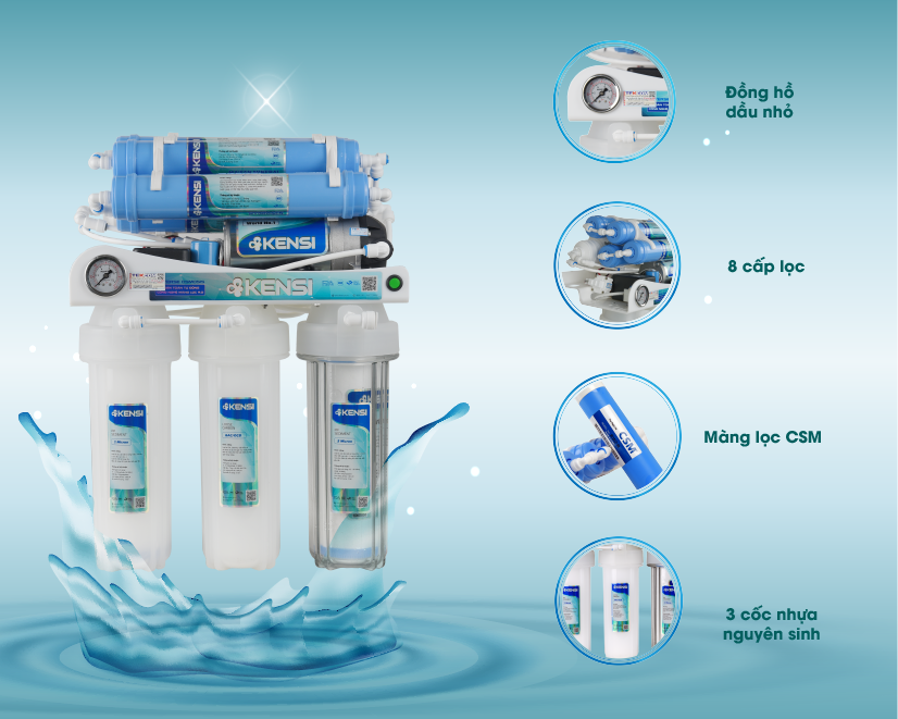 Máy lọc nước tinh khiết RO Kensi sử dụng màng lọc RO CSM công nghệ và thương hiệu Nhật Bản